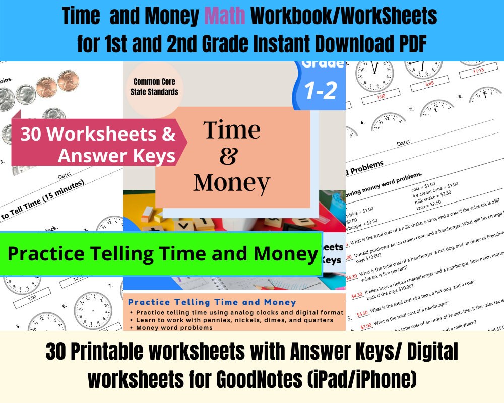 time and money math worksheets for 1st and 2nd grade with etsy