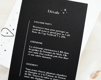 Celestial Wedding Invitation Details Card Black Paper with White Ink