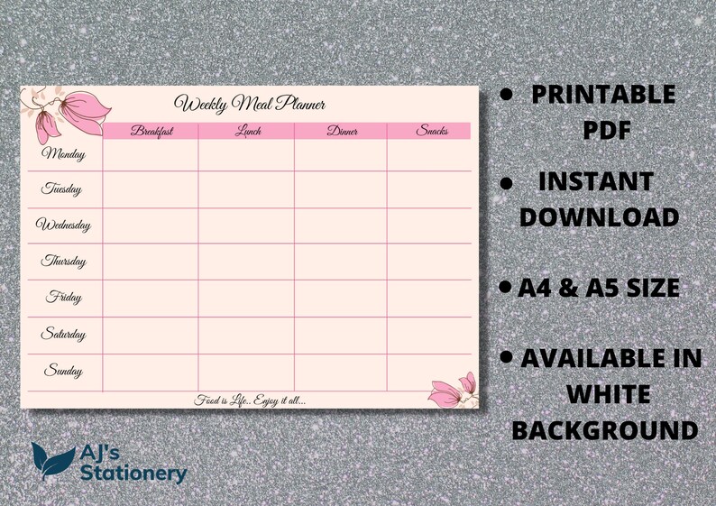 Weekly Meal Planner, Printable Planner, Digital Download, A4 and A5 ...