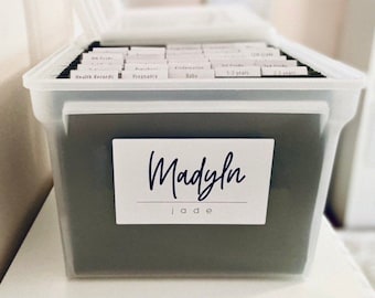 Milestone Tote Labels - Milestone Tote Name decal and Folder Labels DIY Kit - Sticker Name -Kids memory box - Child file DIY Baby Memory Box