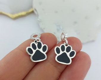 Breloque empreinte de patte en argent sterling : pendentif collier pour animal de compagnie en émail noir