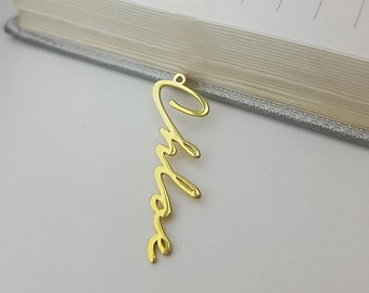 Sterling Silver Vertical Name Necklace, Laser Cut Handwriting Charm