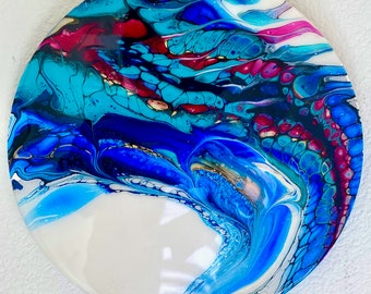 Blue Abstract Painting (10" Round) with Epoxy Resin Topcoat