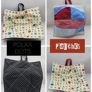 May include: Four handmade tote bags. One bag features a cream background with letter tiles, another has a patchwork design in red, blue, and pink. A third bag is black with white polka dots, and the last bag has a cream background with letter tiles. The word "Patches" is in the image.