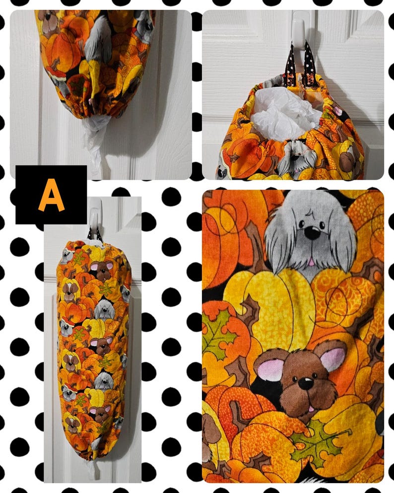 May include: A reusable grocery bag dispenser with a fall-themed fabric featuring pumpkins, leaves, and cartoon dogs. The fabric is orange, yellow, brown, and black.