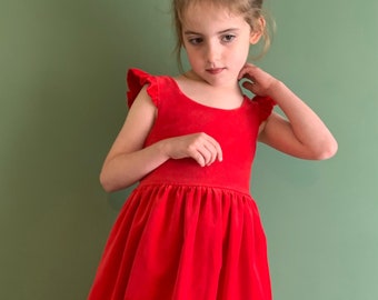 Handmade Red Velvet Girls Pinafore  Party Dress with Back Bow, Winter Flower Girl, Occasion Wear, Handmade Gift, Birthday