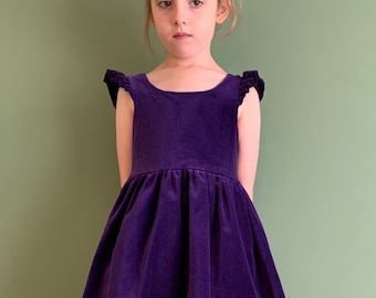 Girls Purple Velvet party dress with Back Bow, Winter Flower Girl Dress, Occasion Wear, Handmade Pinafore Dress, Girls gift idea