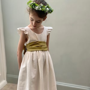 Milk bridesmaid dress, milk linen dress for girl, bridesmaid dress toddler with sage green sash, pinafore flower girl dress boho, handmade