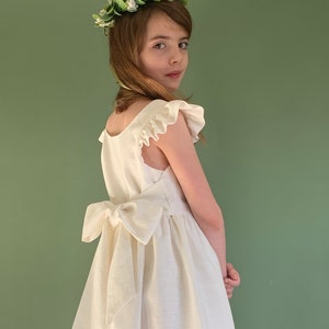 Milk bridesmaid dress, milk linen dress for girl, bridesmaid dress toddler with bow tie, pinafore flower girl dress boho, first birthday