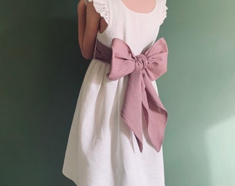 Milk bridesmaid dress, milk linen dress for girl, bridesmaid dress toddler with dusty pink sash bow, pinafore flower girl dress boho,