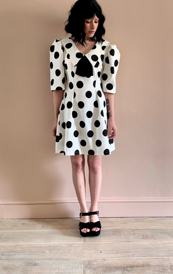 Black White Spot Puff Sleeve Dress 