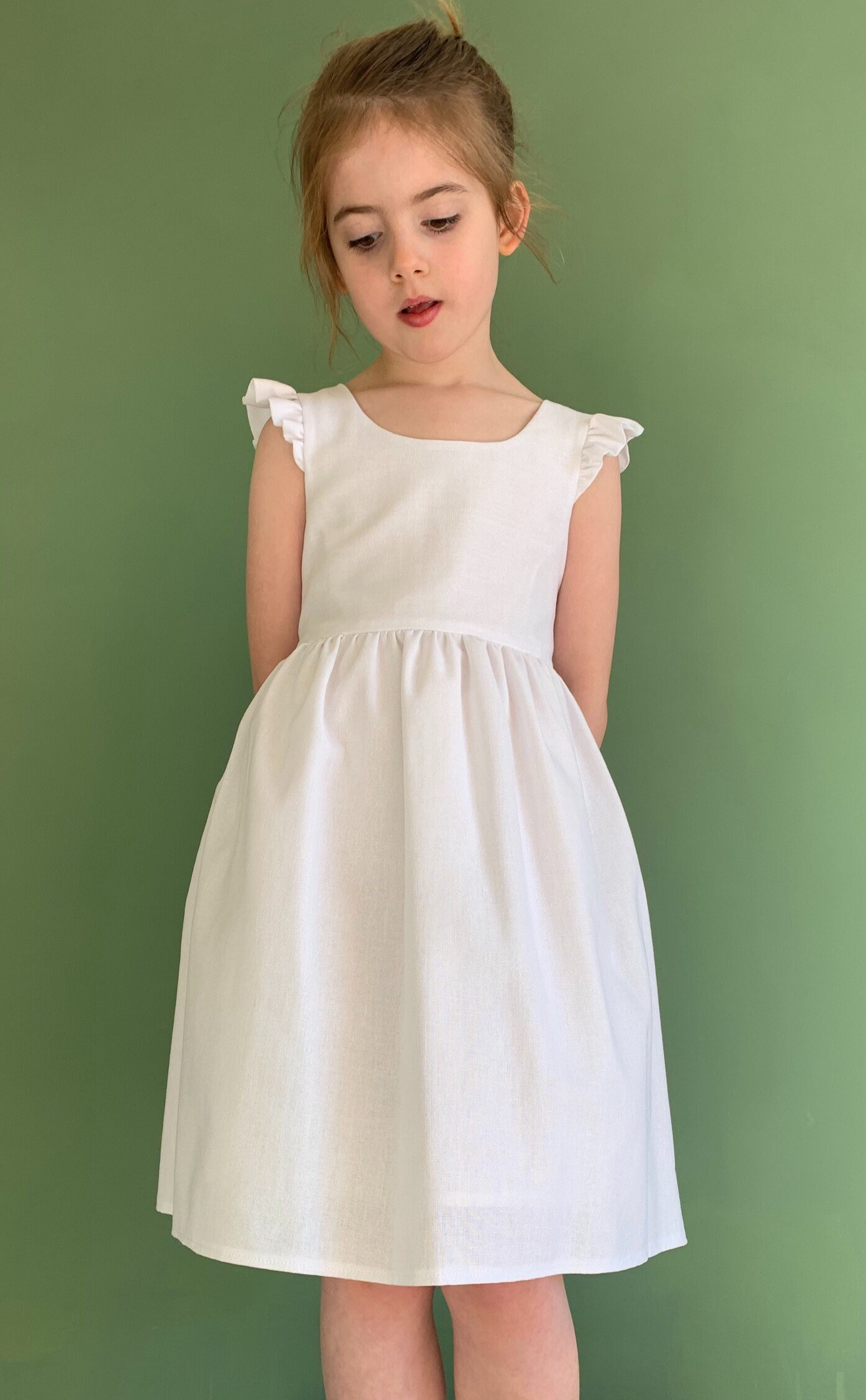 White Flower Girls Linen Pinafore Dress / Girls White Wedding Etsy