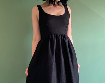 Linen pinafore dress, Black linen dress, Women’s pinafore dress, Belted linen dress, sleeveless dress, wedding guest dress, communion dress