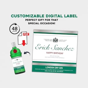 Op de afbeelding: Een aanpasbaar digitaal etiket voor een fles gin. Het etikett is wit met groene en zilveren accenten. Het bevat de tekst "Erick Sanchez Gefeliciteerd met je verjaardag" en "London Dry Gin".