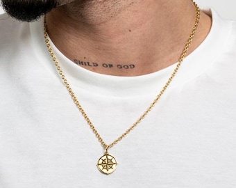 18k Gold Compass Necklace with Pendant Gold for Men - North Star Compass Chain Pendant Charm Necklace for Men and Women by UNSHINEBAR