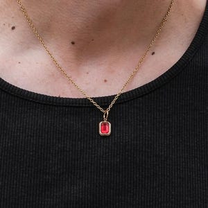 Könnte beinhalten: Eine goldfarbene Halskette mit einem rechteckigen, roten Edelsteinanhänger. Der Anhänger ist in einen goldenen Rahmen gefasst. Die Halskette wird über einem schwarzen Oberteil getragen.