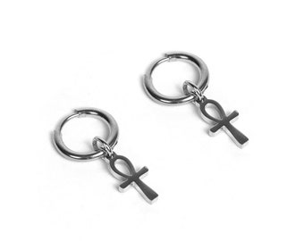 Boucle d'oreille créole Anch avec pendentif en acier inoxydable 316L et or 18 carats - boucle d'oreille ankh unisexe pour homme et femme par UNSHINEBAR