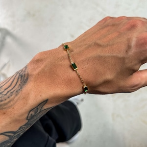 Dainty Gemstone Bracelet Emerald Green crafted from Stainless Steel & Zirconia in Gold - Mens Tennis Bracelet Gemstones by UNSHINEBAR