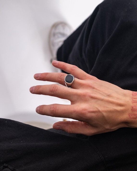 Onyx Like Signet Ring Crafted From 316L Stainless Steel and 18k