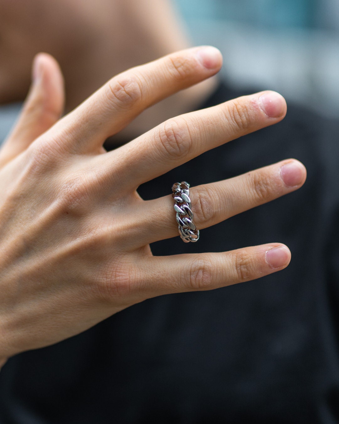 指輪・リング Silver / Brass Tablet Bar & Cuban Chain Ring For Men & Women Cuban Ring Crafted From 316L Stainless Steel and 18k Gold