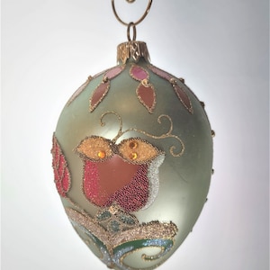 Wildflower Tulip on Green. Heirloom quality, mercury glass.  Handpainted, handblown fine glass ornament. European Glass adorned with beads.