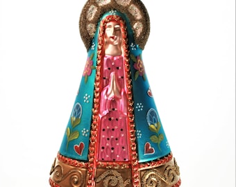 The Adored Virgin of Guadalupe, Mother Mary, Handpainted, handblown fine glass ornament. Mercury Glass. Folk Art. Made in Poland