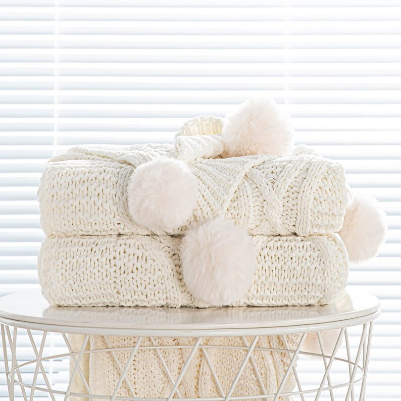 Chunky Knit Blanket With Pom Poms Chunky Knit Throw Blanket Etsy