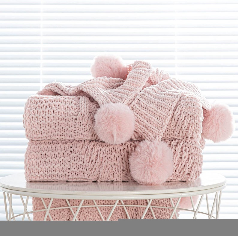 Chunky Knit Blanket With Pom Poms Chunky Knit Throw Blanket Etsy
