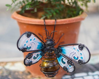 Glass Wing Honeybee Pot Hanger - Plant Pot Hanger Hanging Garden Ornament Art - Handmade Insect Decoration for Flowers