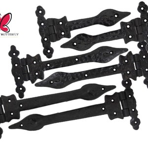 PAIR of Leaf Cast Iron Hinges 6&quot;/9&quot;/12&quot; - Vintage Cottage Decorative Hinge - Ornate Spear Fancy Kitchen Cabinet Cupboard Old Door Tee Hinges