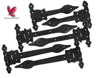 PAIR of Leaf Cast Iron Hinges 6"/9"/12" - Black Antique Cottage Hinge - Ornate Spear Fancy Kitchen Cabinet Cupboard Old Door Tee Hinges