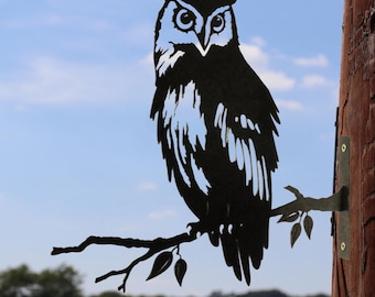 Owl Branch Stand Metal Black Silhouette, Tree or Fence Mountable Decoration, Bird Garden Art, Bird Lover Gift, Garden Feature Present