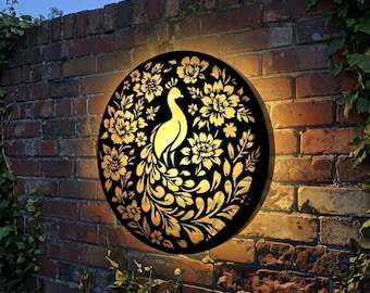 Round Peacock Solar Wall Panel Light - Bird Pattern Hand Crafted Metal Garden Ornament Gift - Garden Lights Decoration