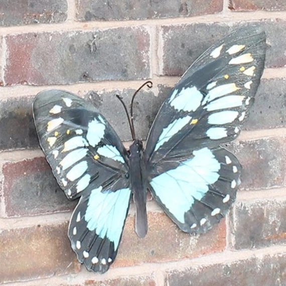 Large Metal Butterfly - Cyan Blue Garden Wall Art Fence Decoration - Hand Crafted Ornament Birthday Gift
