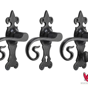 May include: Three black metal door handles with ornate scrollwork and a fleur-de-lis design. The handles have a hammered finish and are suitable for interior doors.