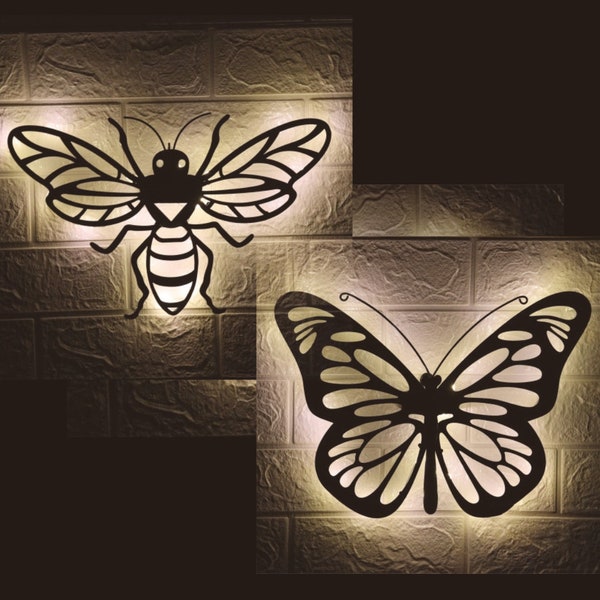 Butterfly and Bee Solar Backlit Wall Art - Outdoor Metal Garden Decor with Lighting - Nature-Inspired Design for Garden, Patio, or Fence
