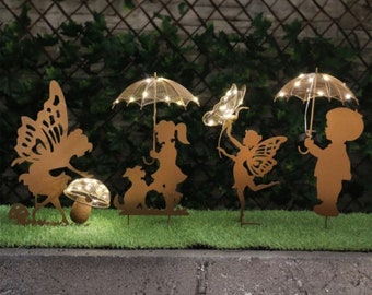 Solar Fairy Stake Rustic Garden Decor - Whimsical Girl Dog Boy Silhouette Umbrella Toadstool Butterfly - Outdoor Light Garden Statue Gift