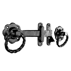 May include: Black metal gate latch with a twisted rope handle. The latch has a decorative, scalloped design and a hook-and-eye closure.