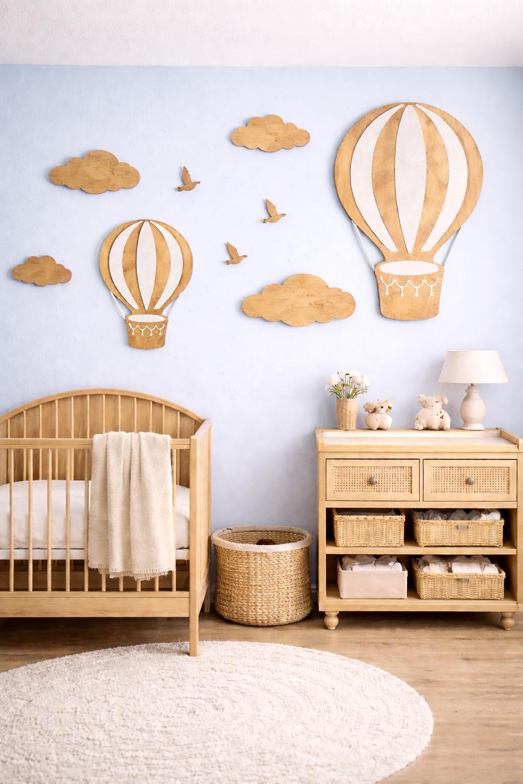 Hot Air Balloon Nursery Wall Art Set, Large Cloud and Bird Decor ...