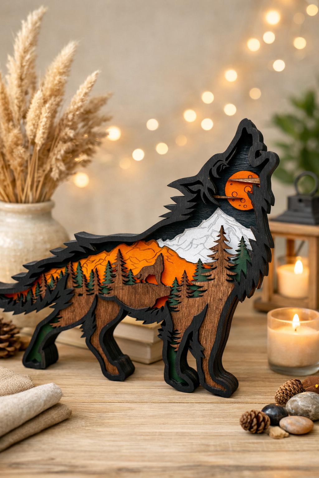 アンティーク雑貨 ART WOLFE THE NATURE COMPANY/AMERICAN Wood Wolf Wall Art, Layered Forest Mountain Silhouette, Wilderness