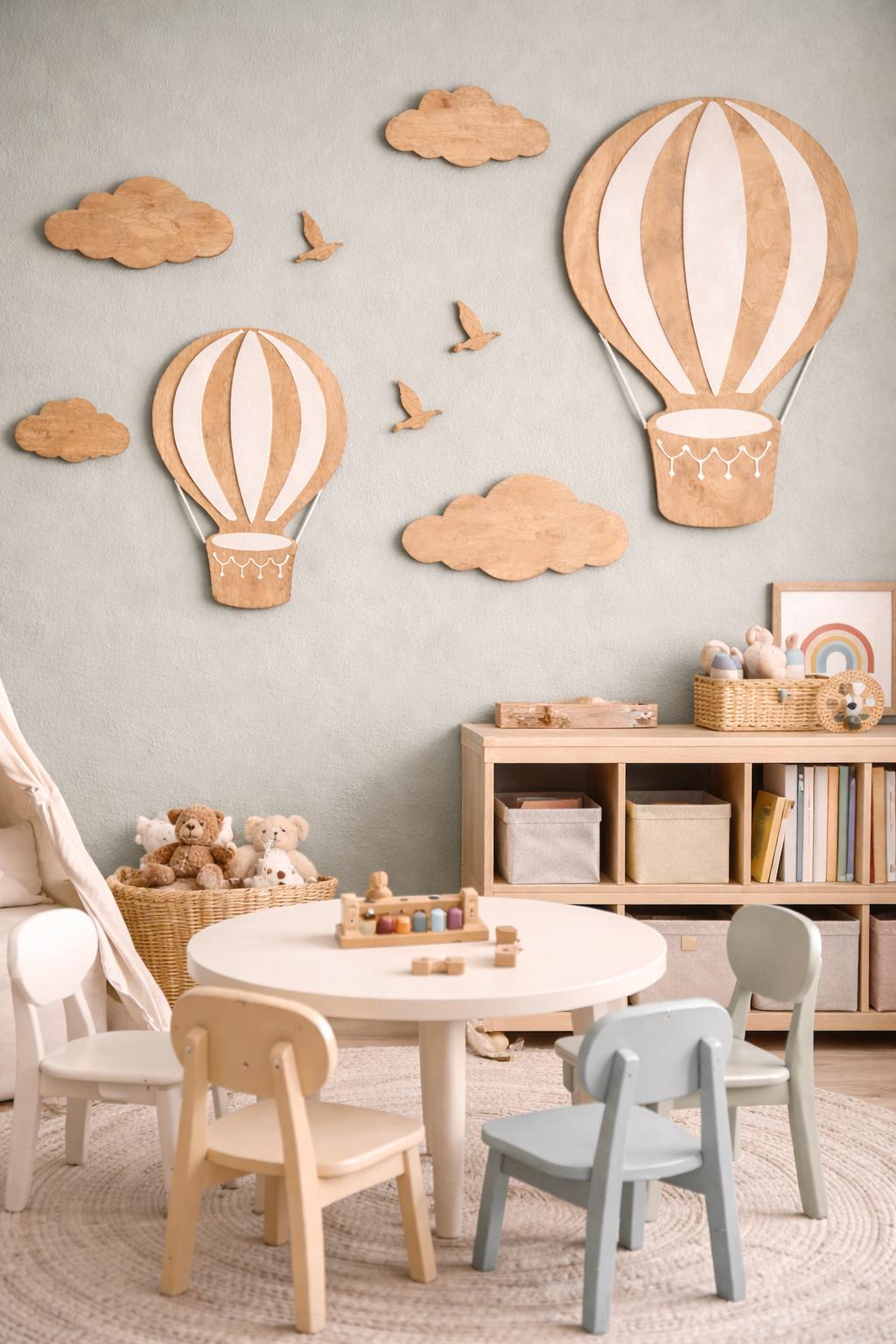 Hot Air Balloon Nursery Wall Art Set, Large Cloud and Bird Decor ...