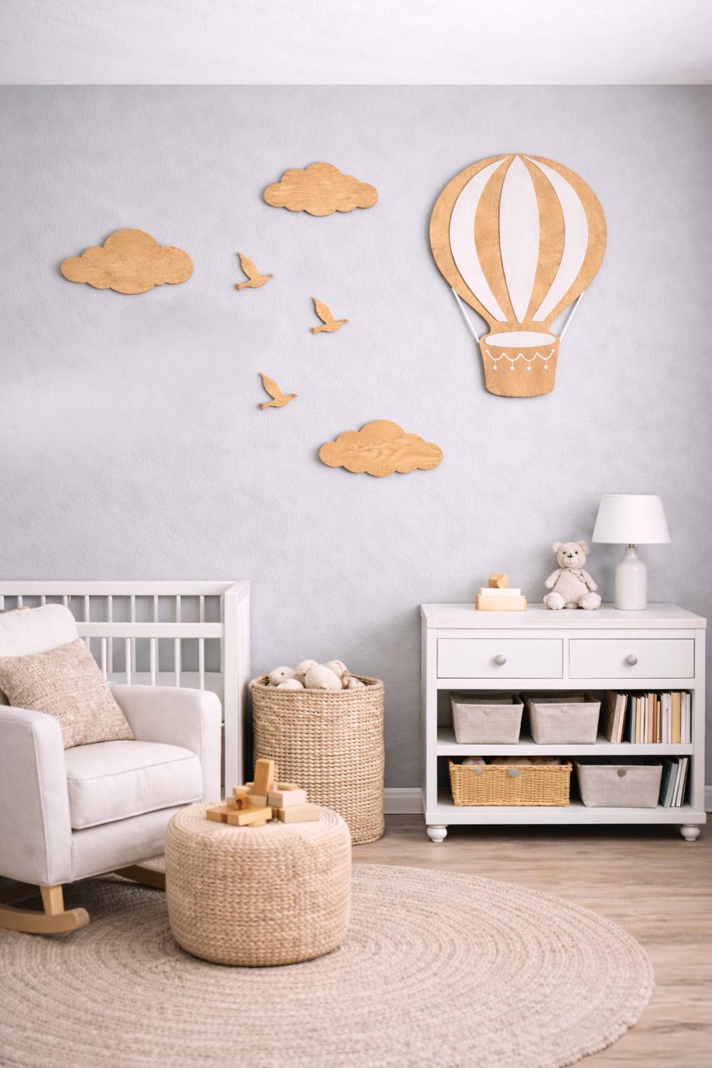 Hot Air Balloon Nursery Wall Art Set, Large Cloud and Bird Decor ...