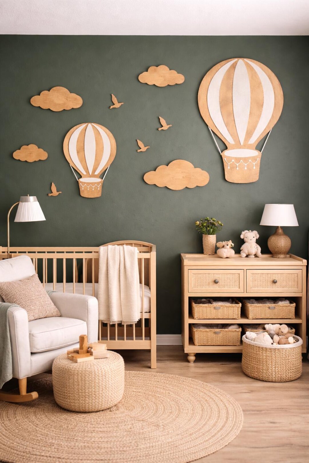 Hot Air Balloon Nursery Wall Art Set, Large Cloud and Bird Decor ...