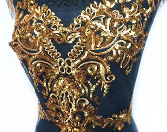 Gold Embroidered Applique | Gold Sequin Applique | Sew-on Applique | Applique For Dresses | Shiny Gold Applique | Gold Trims