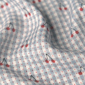 Cherry Print Baby Blue Plaid Fabric | Polyester, Cotton Fabric | Polka Dot Print Fabric | Small Check Fabric | Quilting Fabric By The Yard