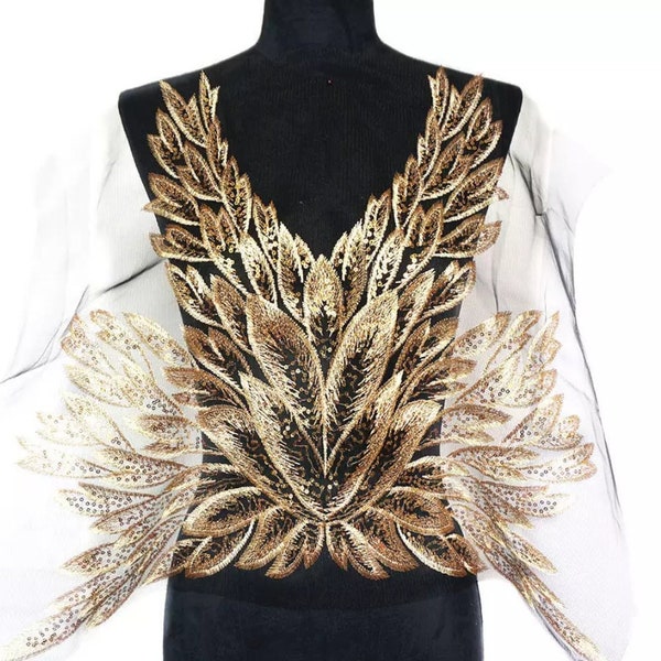 Embroidered Sequin Applique Trim Patches For Dance Wear, Dance Costume, Dress, Ballet Costume | Lace Applique | Shiny Gold Applique Trims