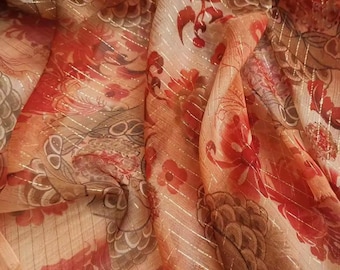 Black Red Flower Print Chiffon Fabric, Floral Chiffon Fabric for Dress, Wedding Dress, Headband, Gown, Costume | Sheer See through Fabric