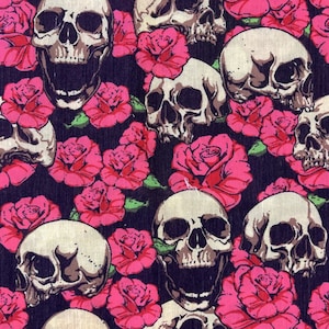 Skull and Rose Print Fabric | Polyester, Vintage Fabric | Halloween Fabric | Gothic Fabric | Skeleton Fabric | Sewing Fabric For Face Mask