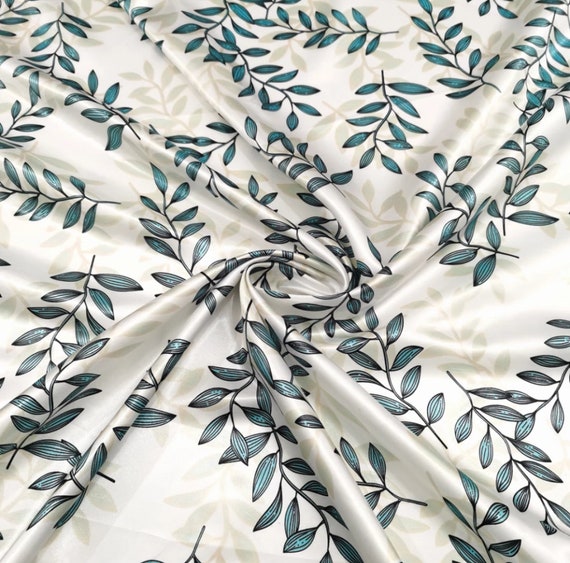 Leaf Print Satin Fabric | Charmeuse Fabric | Satin Fabric For Bonnets, Dress, Scrunchies, Apparel | Black, White Sewing Satin Charmeuse