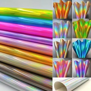Faux Leather Sheet | Vinyl Sheet | Laser Iridescent, Holographic Rainbow Mirrored Faux Leather | Craft Leather Fabric | Holographic Fabric